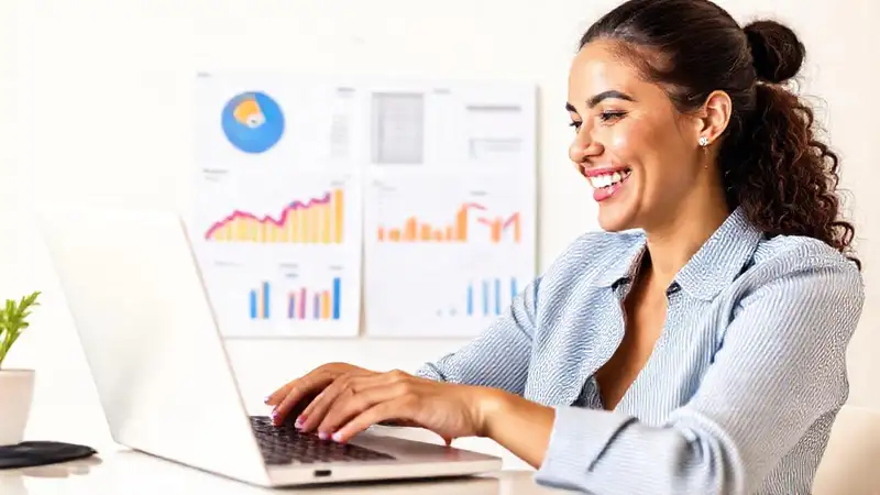 Cómo iniciar un presupuesto desde cero usando aplicaciones automatizadas Mujer feliz gestiona finanzas digitalmente