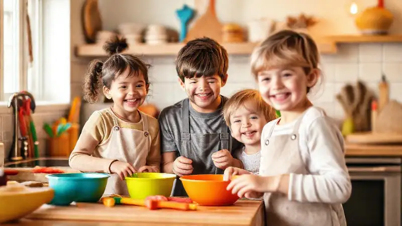 Qué herramientas están diseñadas específicamente para familias con hijos Familia feliz en cocina soleada