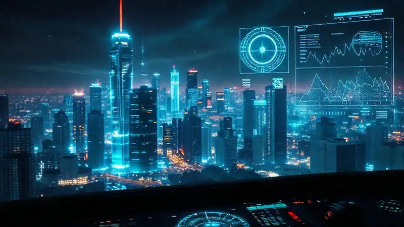 Ciudad futurista, datos y ansiedad tecnológica