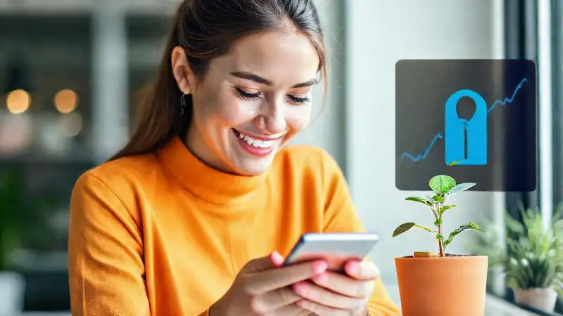 Cómo me ayuda la app a establecer un fondo de emergencia eficaz Una mujer sonríe a un crecimiento digital