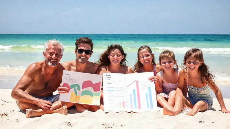 Familia feliz planifica un viaje costero