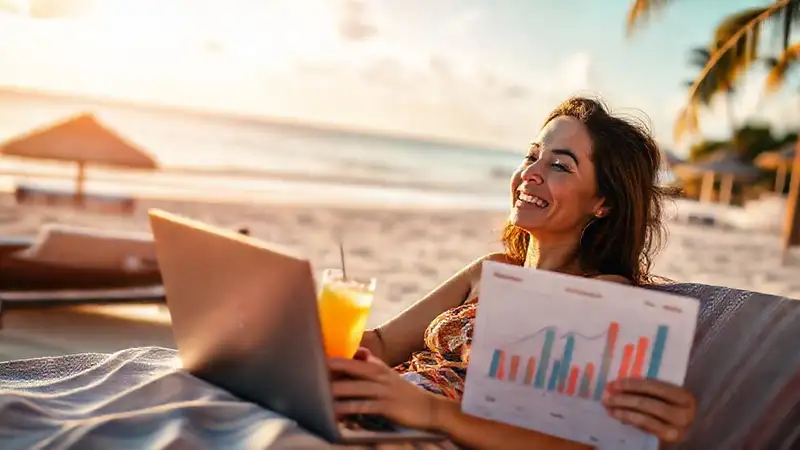 Es útil el software para planificar vacaciones y gastos especiales Una mujer relajada disfruta del viaje