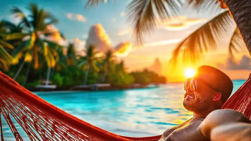 Un hombre relajado disfruta del atardecer playero