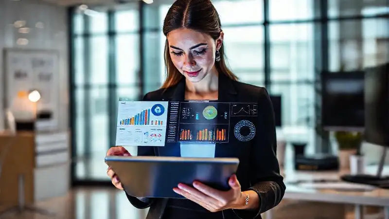 Una mujer enfocada trabaja en productividad digital