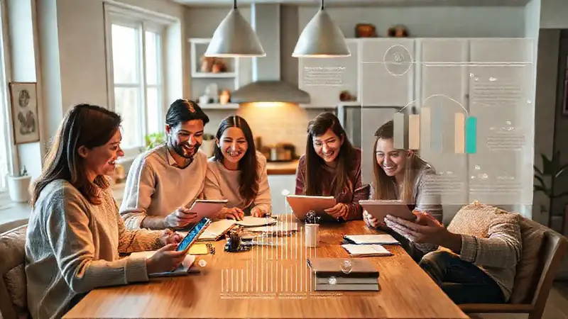 Familia colabora alegremente en cocina moderna