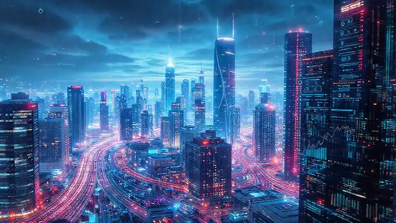 Una ciudad futurista brilla con datos