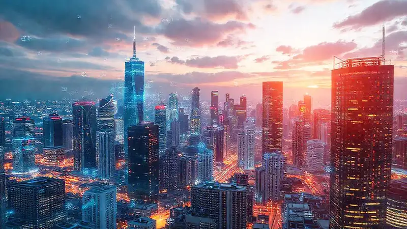 Qué actualizaciones recientes han hecho las apps de inversión más eficientes Ciudad futurista brillante y optimista