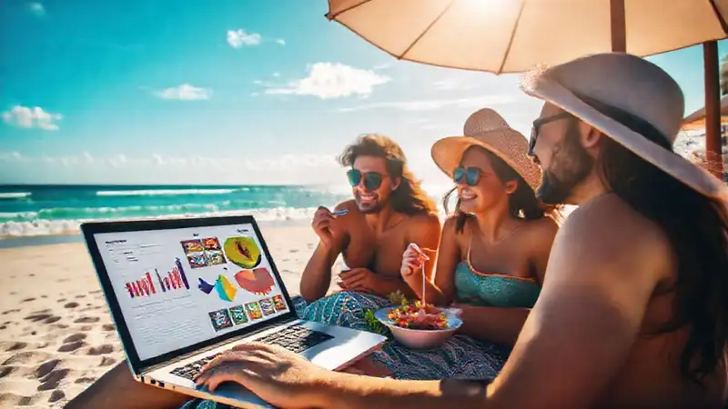 Vacaciones digitales en la playa feliz