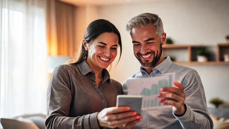 Cómo elegir una app de finanzas para parejas eficaz y útil Pareja feliz visualiza crecimiento financiero