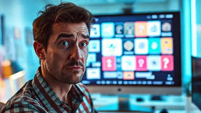 Qué tan accesibles son estos programas para el usuario promedio Un hombre confuso enfrenta una pantalla compleja