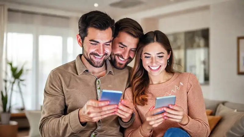 Pareja feliz visualiza datos exitosos