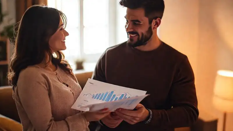Pareja analiza financieramente, unida y optimista