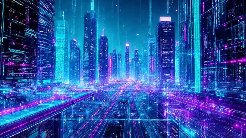 Las herramientas de presupuesto sincronizan datos en tiempo real Ciudad futurista digitalmente brillante e interconectada