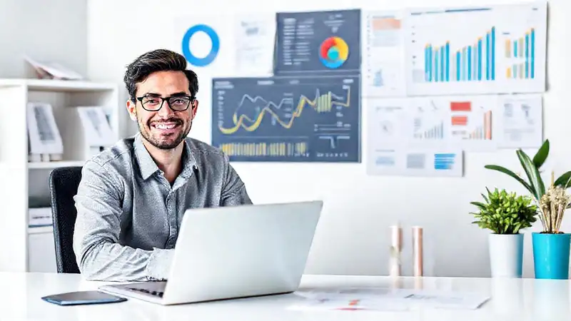 Un emprendedor feliz trabaja en un espacio moderno