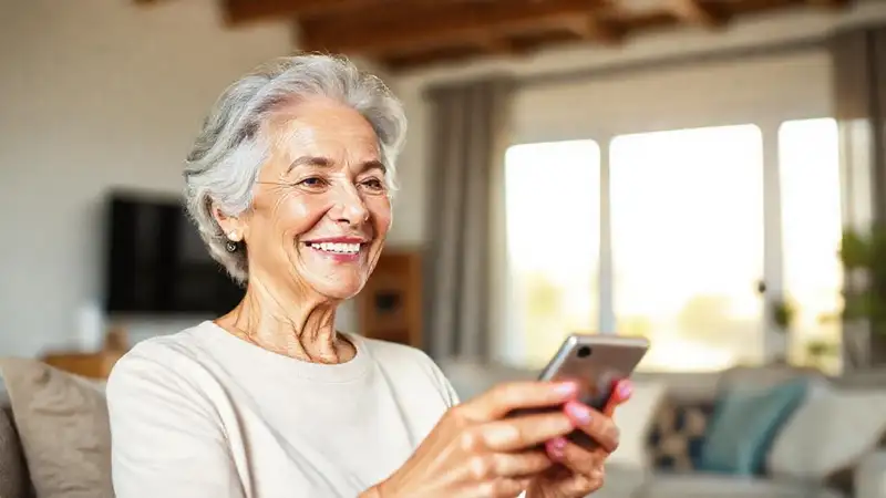 Qué beneficios trae la planeación de jubilación con apps Una anciana sonríe a la tecnología financiera