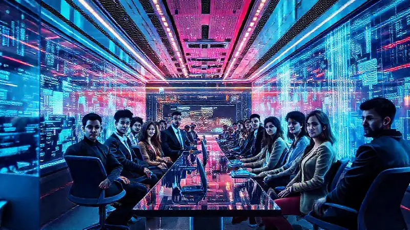 Innovación empresarial en oficina futurista