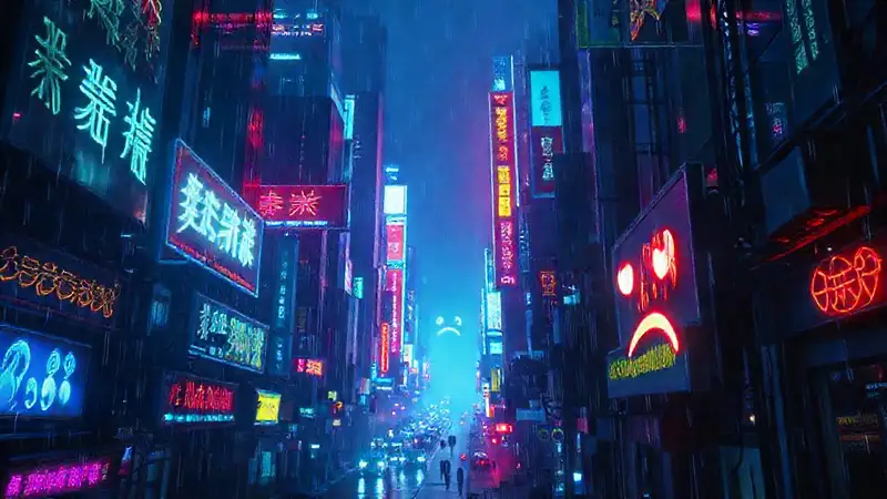 Ciudad cyberpunk vibrante y oscura, digital