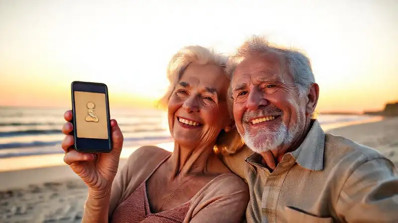 Cómo puede ayudar una app a alcanzar mi meta de jubilación Un anciano sonriente disfruta del atardecer financiero