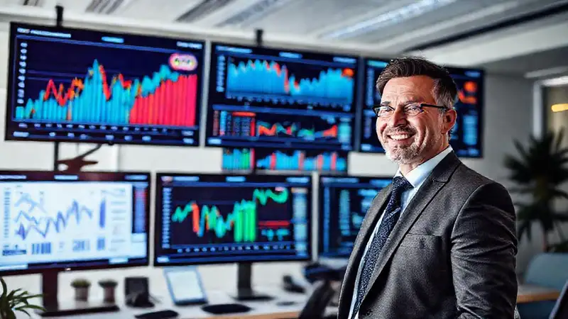 Puedo usar varias aplicaciones de inversión personal al mismo tiempo Inversor feliz observa gráficos digitales