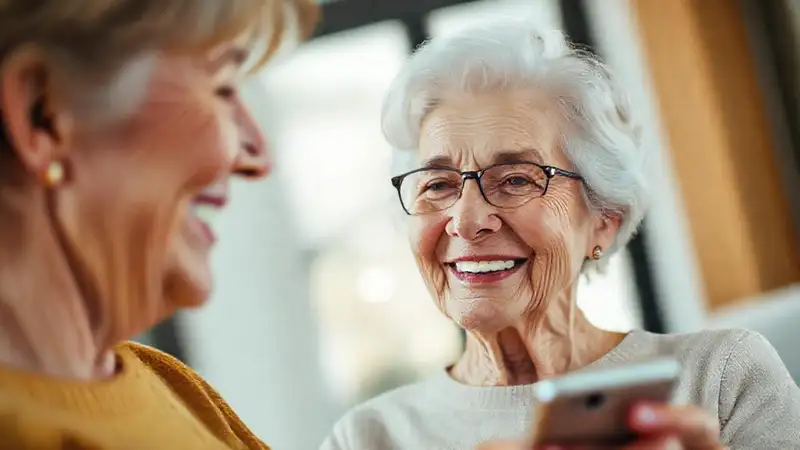 Qué apps tienen una interfaz más amigable para personas mayores Una anciana feliz usa smartphone accesible