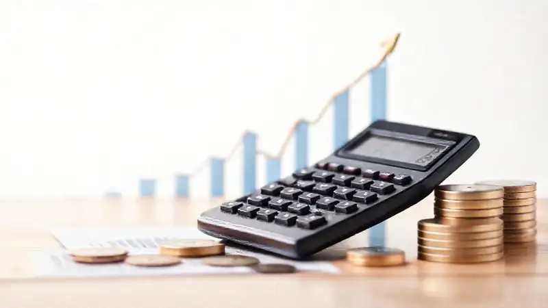 Calculadora financiera visualiza un crecimiento optimista