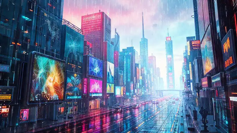 Qué actualizaciones debo esperar en las apps del próximo año Ciudad futurista brillante y digitalmente vibrante