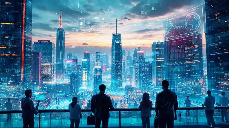 Ciudad futurista digital, innovación optimista