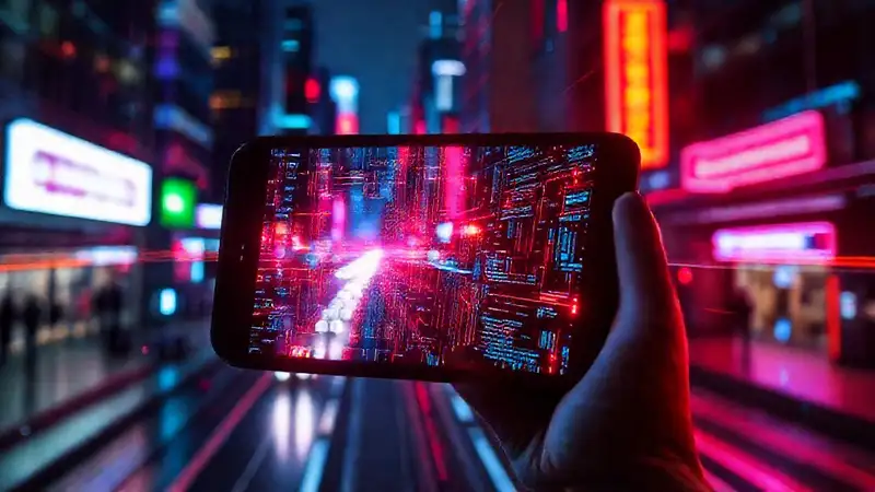 Cyberpunk: datos brillantes en noche urbana