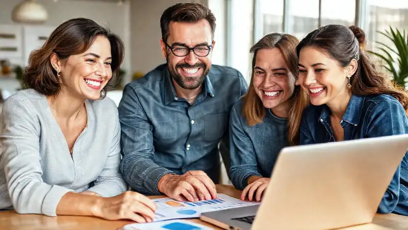 Familia sonríe en un espacio claro