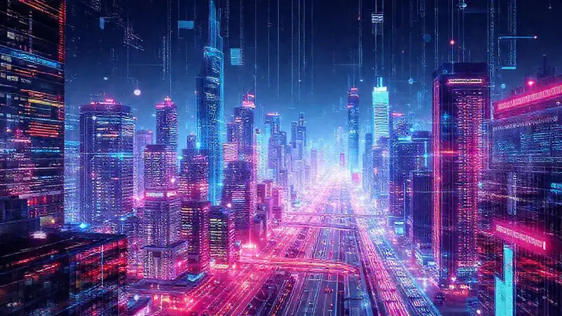 Se puede sincronizar el software con otros sistemas financieros Ciudad futurista digital y vibrante