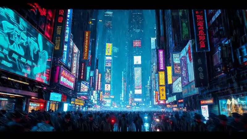 Ciudad cibernética brillante y deslumbrante