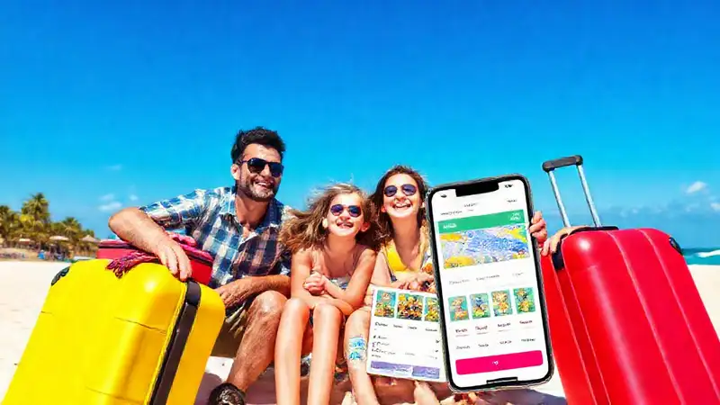 Familia feliz planea vacaciones en la playa