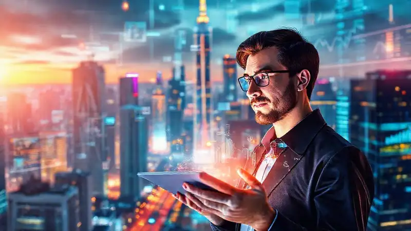 Ciudad futurista digitalmente optimista y vibrante