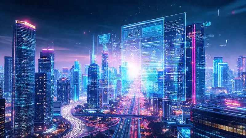 Cómo se integran aplicaciones bancarias con visualización Ciudad futurista digitalmente integrada y vibrante