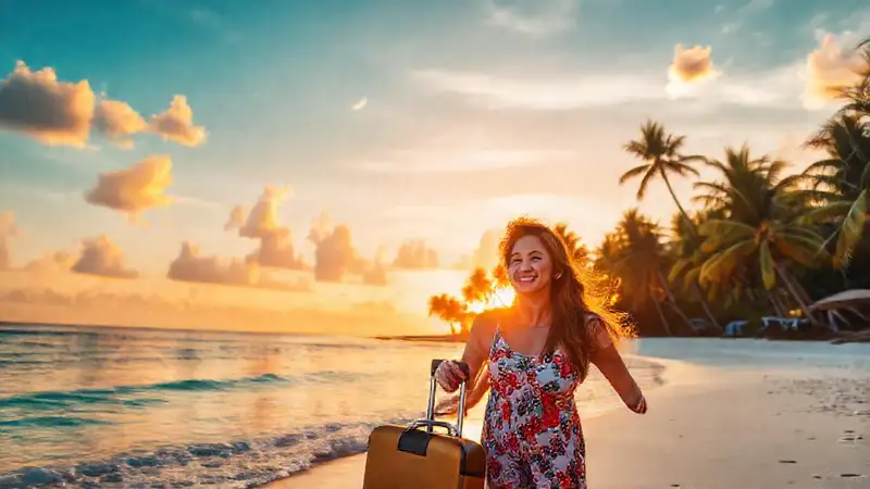 Cómo realizar un seguimiento de ahorros para vacaciones Pareja feliz viaja a la playa