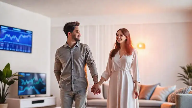 Existen apps que ofrezcan asesorías financieras para parejas Una pareja esperanzadora en un hogar moderno