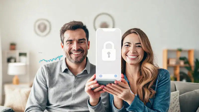 Pareja feliz gestiona finanzas digitalmente