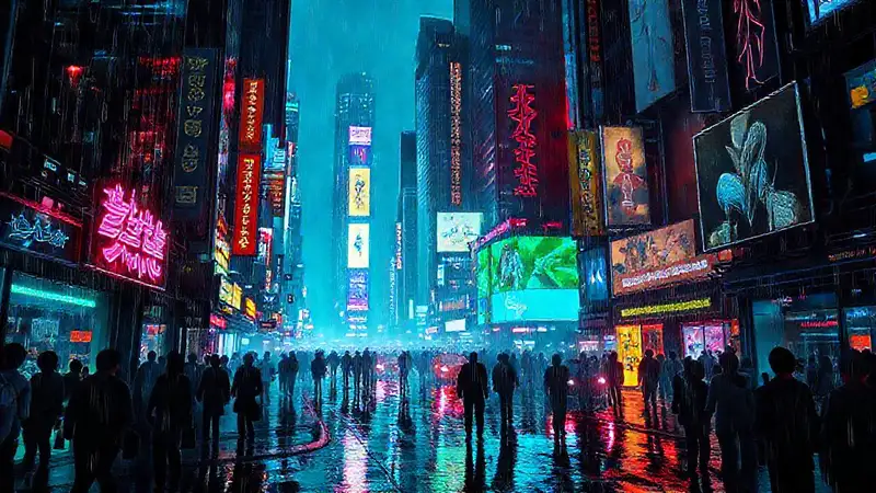 Ciudad cyberpunk: neón, lluvia y futuro