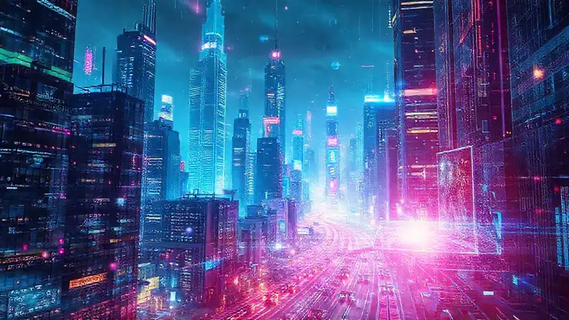 Ciudad futurista digitalmente vibrante e interconectada