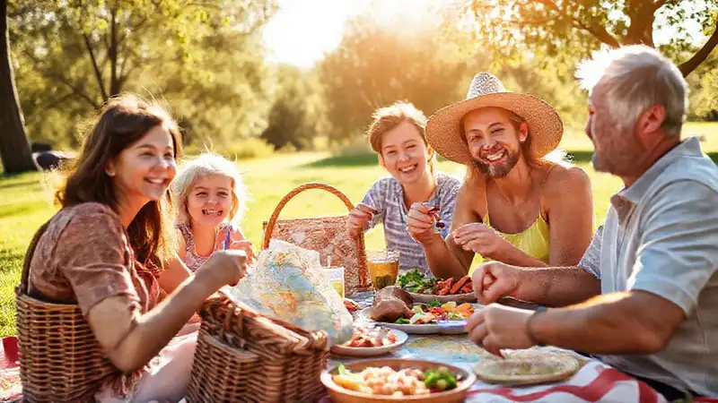 Una familia feliz disfruta de un picnic