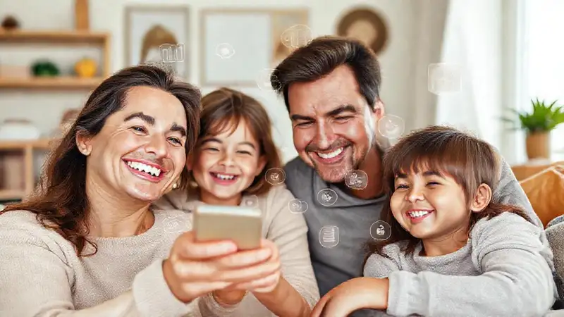 Familia feliz usa una app positiva