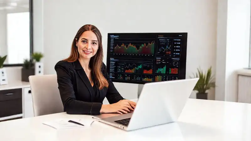 Mujer enfocada triunfa en la oficina digital