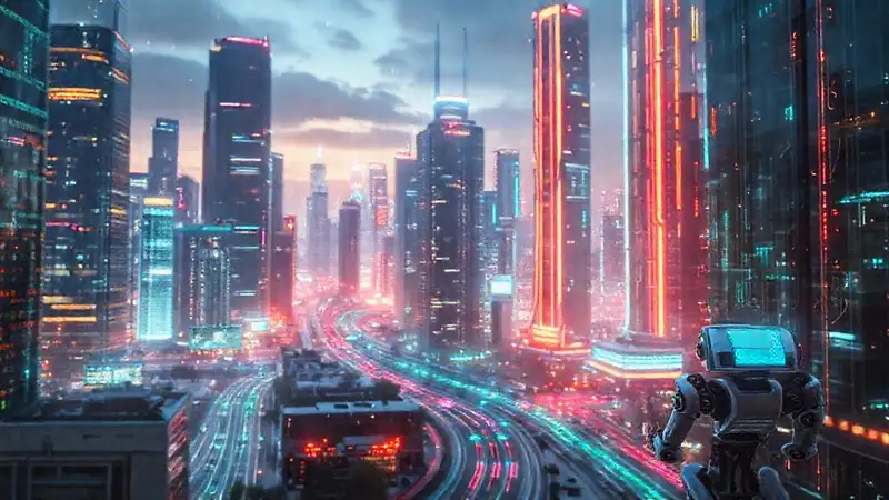 Ciudad futurista, datos y robots brillantes