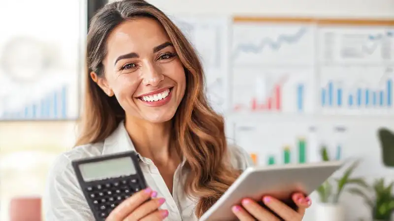 Mujer sonríe, planifica un futuro próspero