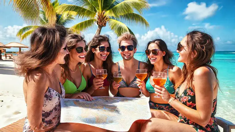 Amigos felices dividiendo gastos de playa