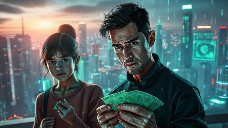 Una familia preocupada observa una ciudad futurista