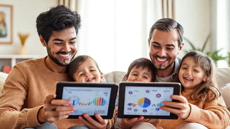 Familia feliz planifica metas financieras en casa