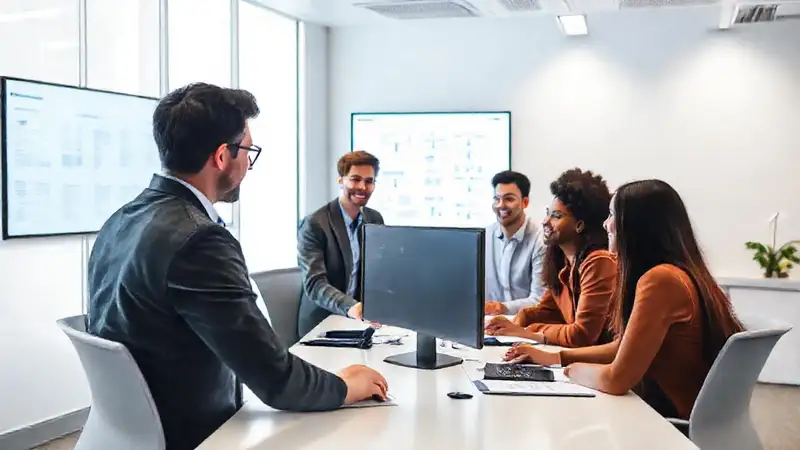 Equipo feliz analiza datos en un entorno profesional