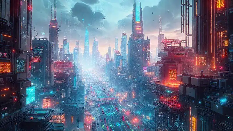 Ciudad futurista digital, brillante e inteligente