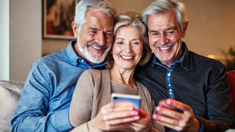 Pareja mayor feliz usa smartphone brillante